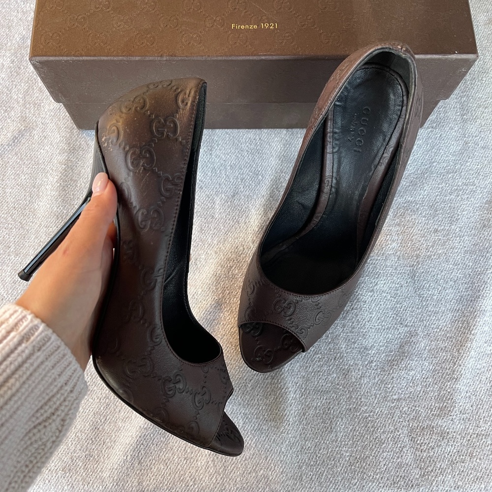 Gucci Chocolate Guccissima Peep Toe Pumps